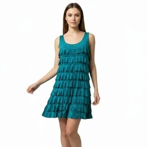 VTG Isle Apparel Shift Dress S Teal Tiered Sleeveless Flapper Retro Party BOHO‎